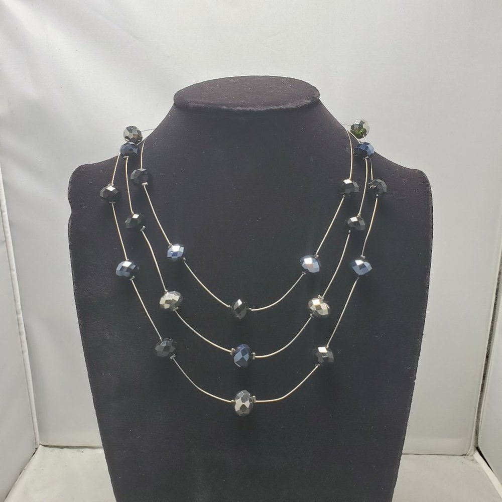 pewter ,silver beaded with silver chain 3 row illusion necklace